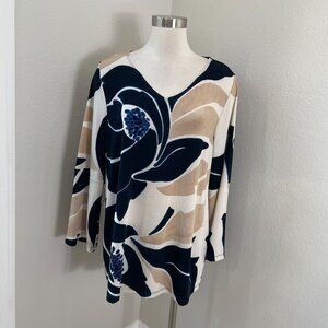 Chicos Travelers Womens 12/14 Floral Tunic Top Slinky Stretch Knit Shirt V Neck